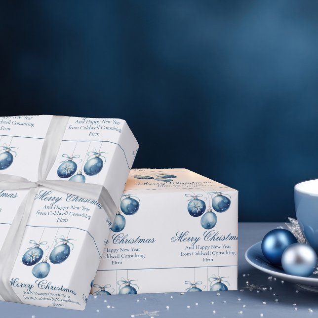 Elegant Blue Merry Christmas Ornaments Company Geschenkpapier (Von Creator hochgeladen)