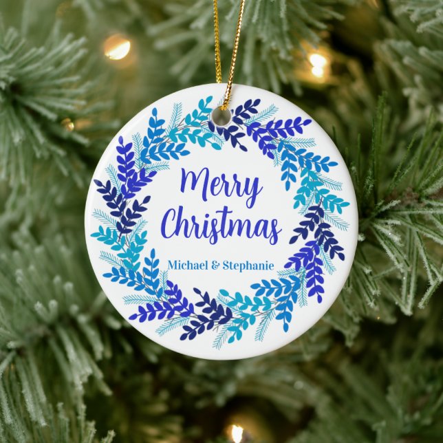 Elegant Blue Merry Christmas Wreath Keramik Ornament (Baum)