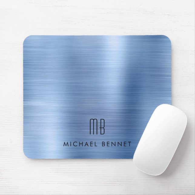 Elegant Blue Metallic Monogram Name Mousepad (Mit Mouse)
