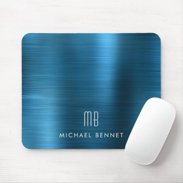 Elegant Blue Metallic Monogram Name Mousepad (Mit Mouse)