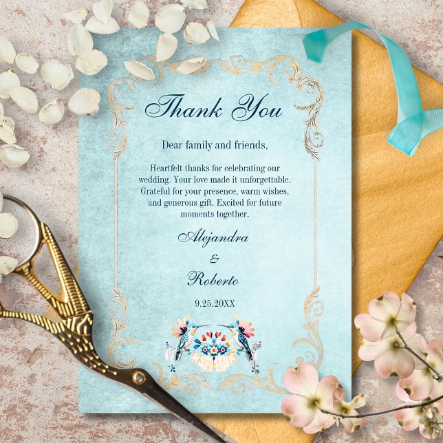 Elegant Blue Mexican Baroque Hummingbird Wedding Dankeskarte (Elegant turquoise thank you card with golden baroque frame and floral hummingbird motif.)