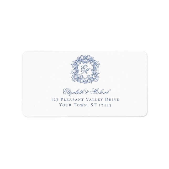 Elegant Blue Monogram Crest Wedding Address Adressaufkleber (Vorne)