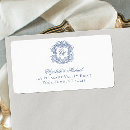 Elegant Blue Monogram Crest Wedding Address Adressaufkleber