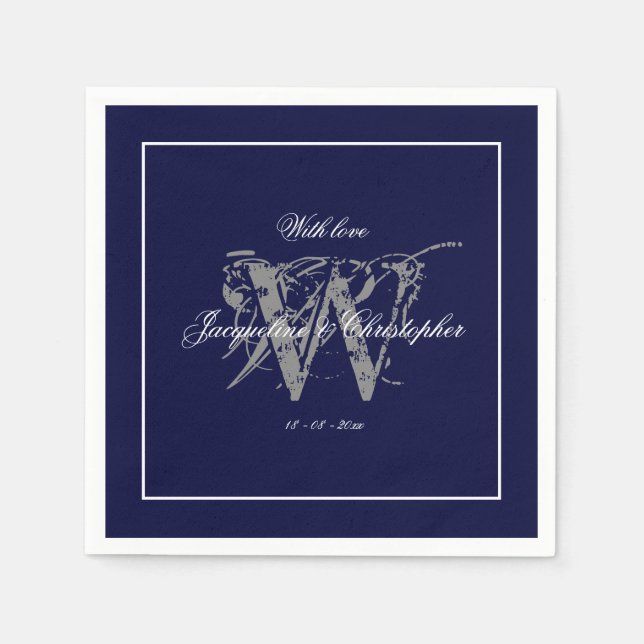 Elegant Blue Monogram Names Classic Wedding Serviette (Vorderseite)