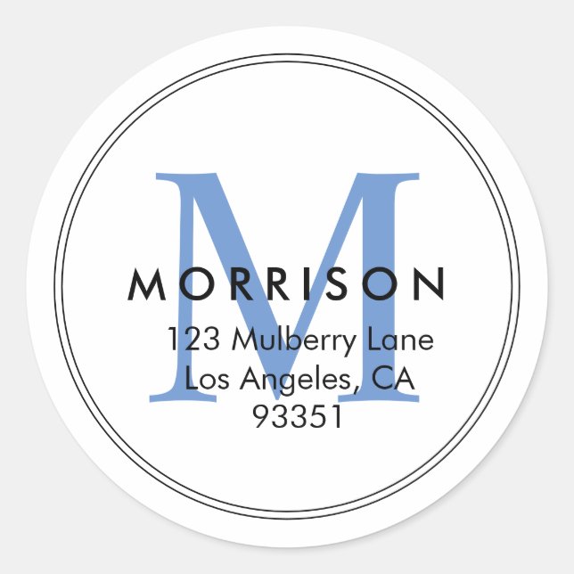 Elegant Blue Monogram Rücksendeadresse Runder Aufkleber (Vorderseite)
