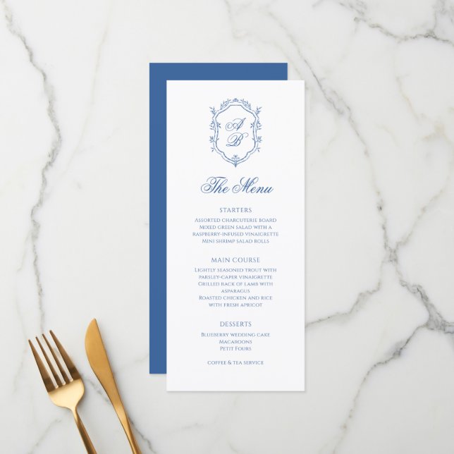 Elegant Blue Monogram Wappen Formal Script Wedding Menükarte (Vorderseite/Rückseite Beispiel)