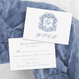 Elegant Blue Monogram Wappen Wedding RSVP Karte