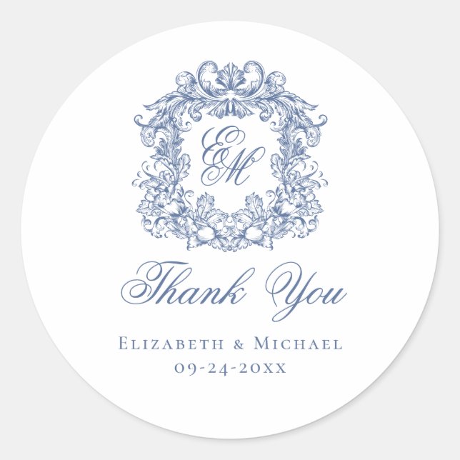 Elegant Blue Monogram Wedding Crest Thank You Runder Aufkleber (Vorderseite)