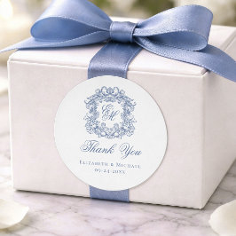 Elegant Blue Monogram Wedding Crest Thank You Runder Aufkleber
