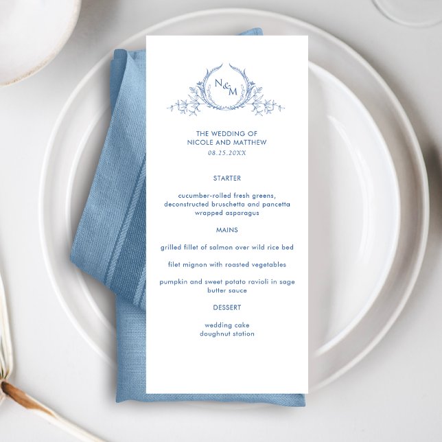 Elegant Blue Monogram Wedding Menükarte (Von Creator hochgeladen)