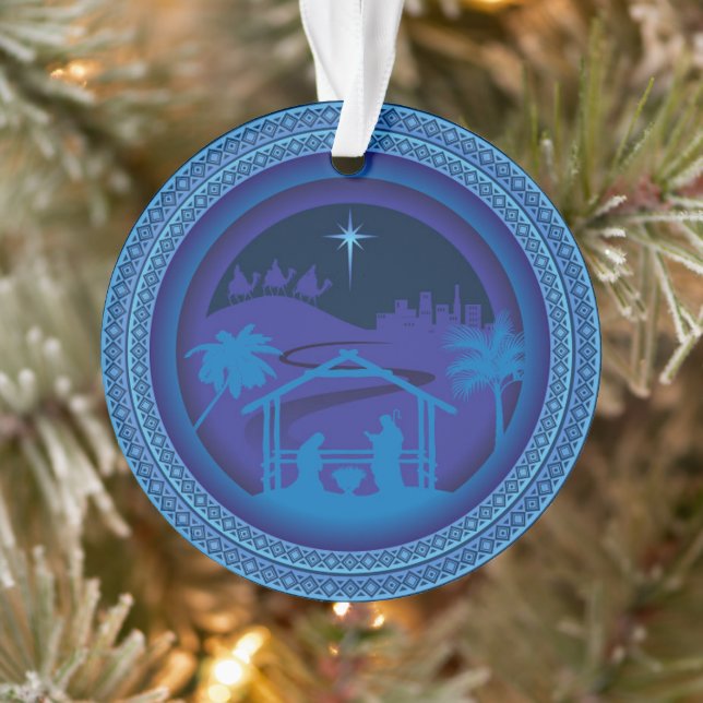 Elegant Blue Nativity Scene Ornament (Baum)