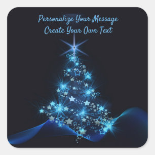 Elegant Blue Neon Christmas Tree Personalize Quadratischer Aufkleber
