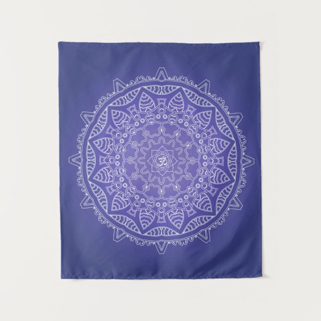 Elegant Blue Om Mandala Tapestry Wandteppich (Vorderseite)