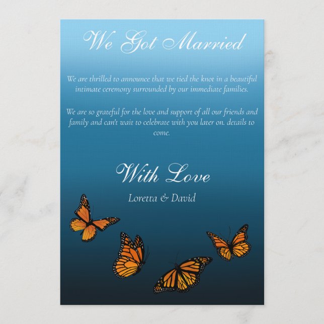Elegant Blue Ombre Romantic Monarch Butterfly Einladung (Vorderseite)