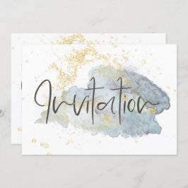 Elegant Blue Ombré Wasserfarbe Gold Akzente Hochze Einladung