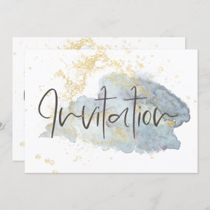 Elegant Blue Ombré Wasserfarbe Gold Akzente Hochze Einladung