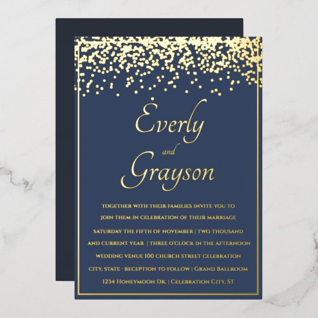 Elegant Blue Opulence Gold Confetti Wedding Folieneinladung (Vorderseite/Rückseite)
