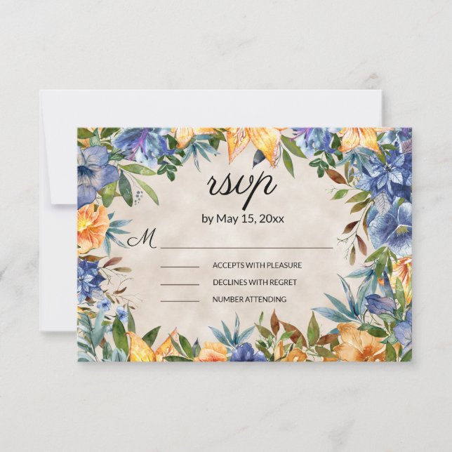 Elegant Blue Orange Blume Tiger Lilies Wedding RSVP Karte (Vorderseite)