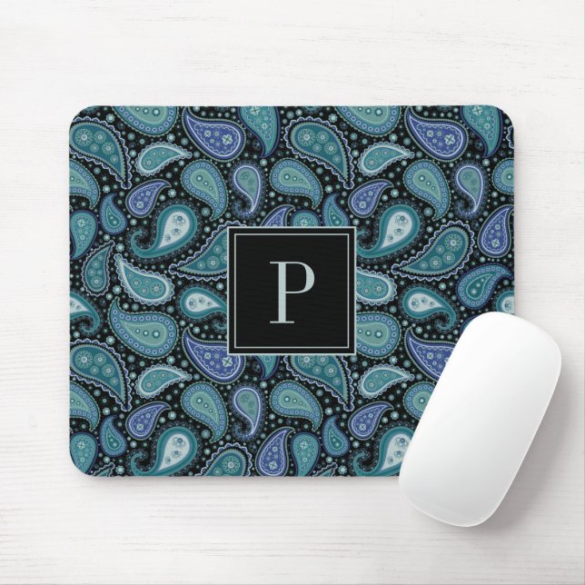 Elegant Blue Paisley Pattern Monogram Mousepad (Mit Mouse)