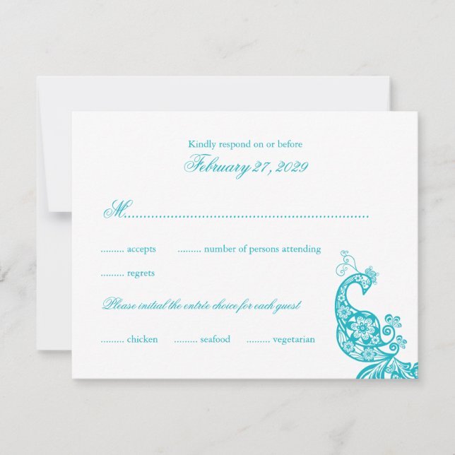 Elegant Blue Paisley Peacock Wedding RSVP Card Karte (Vorderseite)