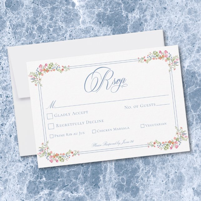 Elegant Blue Pastel Wildflower Border Wedding RSVP Karte (Elegant Blue Pastel Wildflower Border Wedding RSVP Card)