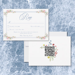 Elegant Blue Pastel Wildflower Border Wedding RSVP Karte