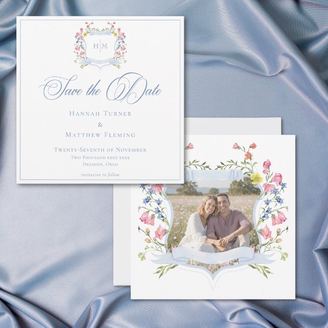 Elegant Blue Pastel Wildflower Crest Wedding Photo Save The Date (Von Creator hochgeladen)
