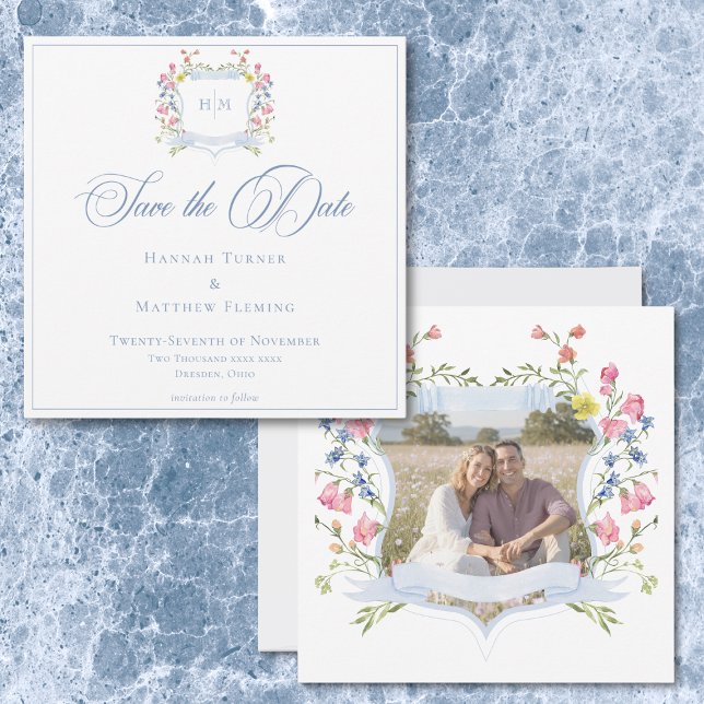 Elegant Blue Pastel Wildflower Crest Wedding Photo Save The Date (Elegant Blue Pastel Wildflower Crest Wedding Photo Save The Date)