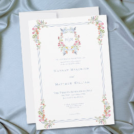Elegant Blue Pastel Wildflower Regal Crest Wedding Einladung