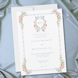 Elegant Blue Pastel Wildflower Regal Crest Wedding Einladung