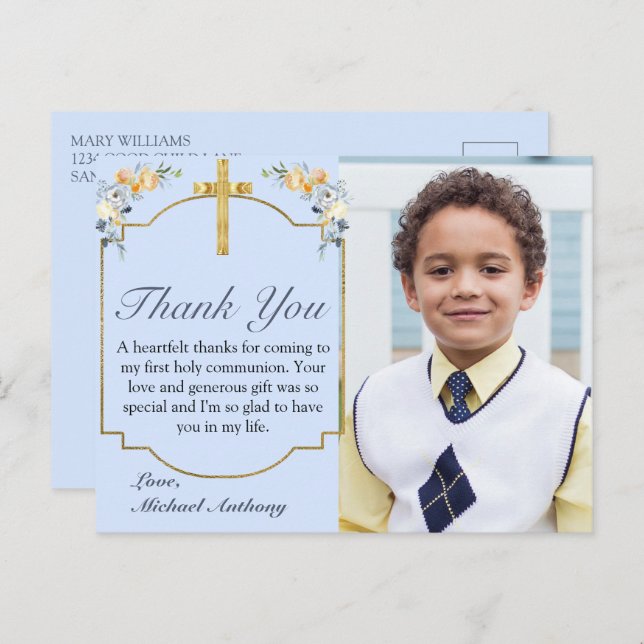 Elegant Blue Peach Floral 1. Heilige Kommune Danke Postkarte (Vorne/Hinten)