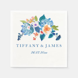 Elegant Blue & Peach Floral Wedding Napkin Serviette