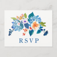 Elegant Blue Peach Floral Wedding RSVP Einladung