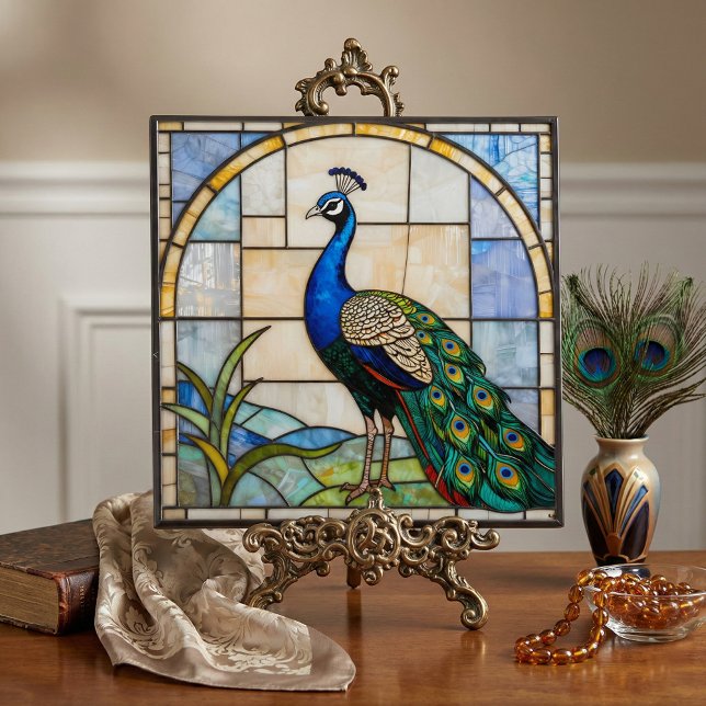 Elegant Blue Peacock Faux Stained Glass Mosaic Art Fliese (Von Creator hochgeladen)