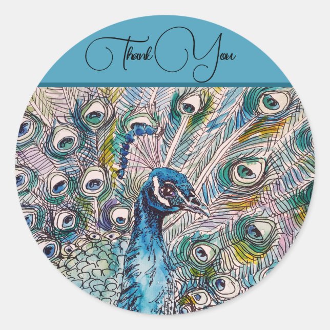 Elegant Blue Peacock Watercolor Kunst, Dichtung un Runder Aufkleber (Vorderseite)