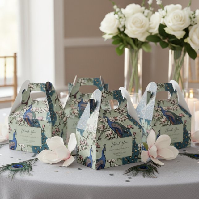 Elegant Blue Peacocks and Blume Sage Green Geschenkschachtel (Elegant Floral Peacock & Magnolia Flowers Wedding Thank You Favor Boxes. Chic Blue & Teal Peacock)