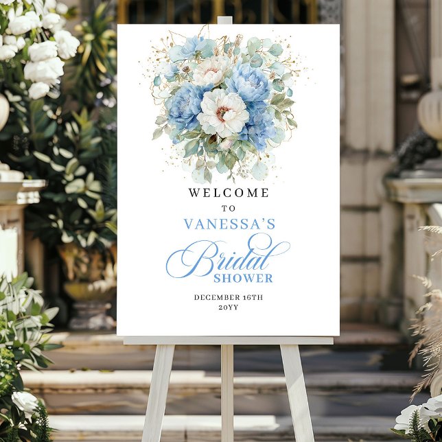 Elegant Blue Peonies Gold Bridal Shower Welcome Poster (Elegant Blue Peonies Gold Bridal Shower Welcome)