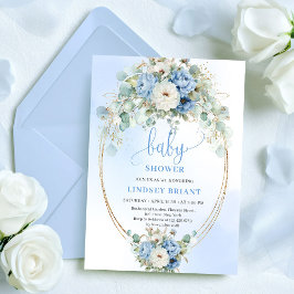 Elegant Blue Peonies Greenery Baby Shower Invite Einladung
