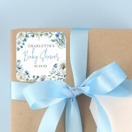 Elegant Blue Peony Floral Boy Baby Shower Quadratischer Aufkleber