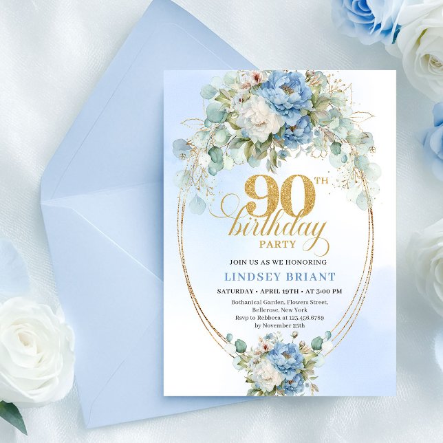 Elegant Blue Peony Gold 90th Birthday Invitation Einladung (Elegant Blue Peonies 90th Birthday Invitation Gold)