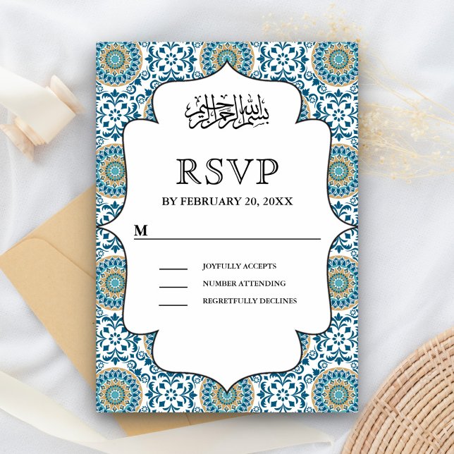 Elegant Blue Persian Mosaic Islamic Wedding RSVP Karte (Von Creator hochgeladen)