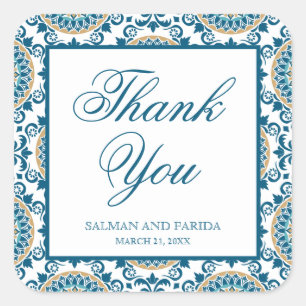 Elegant Blue Persian Mosaic Wedding Vielen Dank Quadratischer Aufkleber