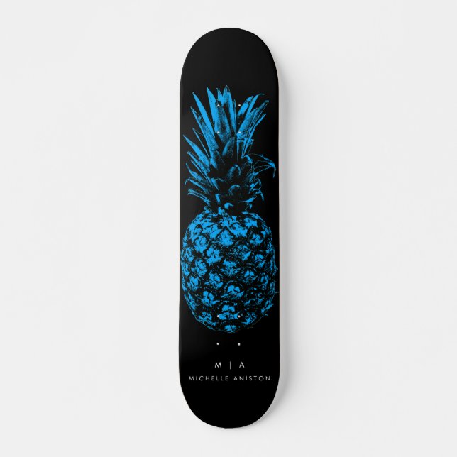 Elegant Blue Pineapa Monogramm Minimalistisch Skateboard (Vorne)