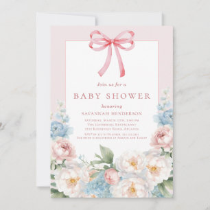 Elegant Blue Pink Floral Bow Baby Dusche Einladung