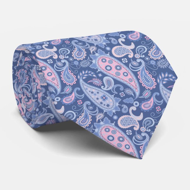 Elegant Blue & Pink Floral Paisley Krawatte (Gerollt)