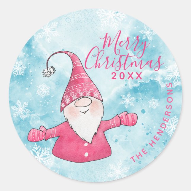 Elegant Blue Pink Gnome Custom Frohe Weihnachten Runder Aufkleber (Vorderseite)