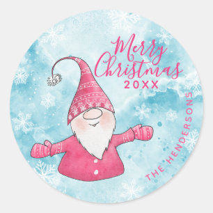Elegant Blue Pink Gnome Custom Frohe Weihnachten Runder Aufkleber