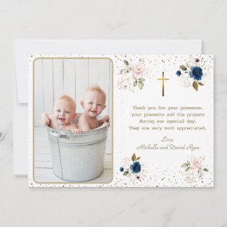 Elegant Blue Pink Gold Blume Twins Foto Taufe Dankeskarte