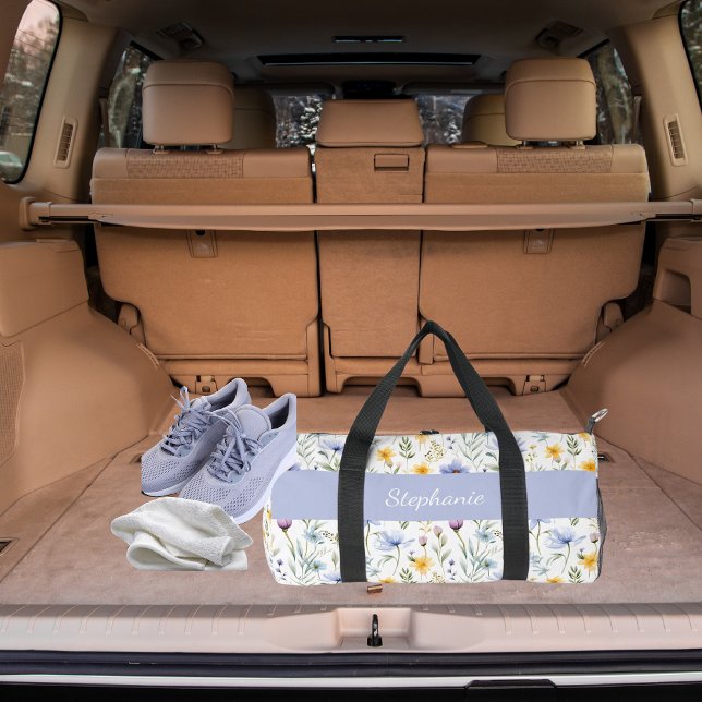 Elegant Blue Purple Wildflower Watercolor Name Duffle Bag (Von Creator hochgeladen)