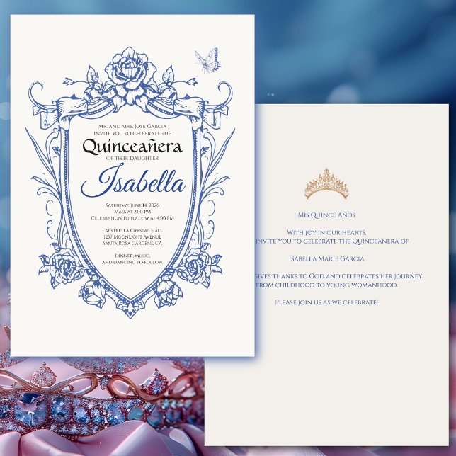 Elegant Blue Quinceanera 15th Birthday Einladung (Elegant quinceañera invitation for a 15th birthday celebration. Customize for your own event. )
